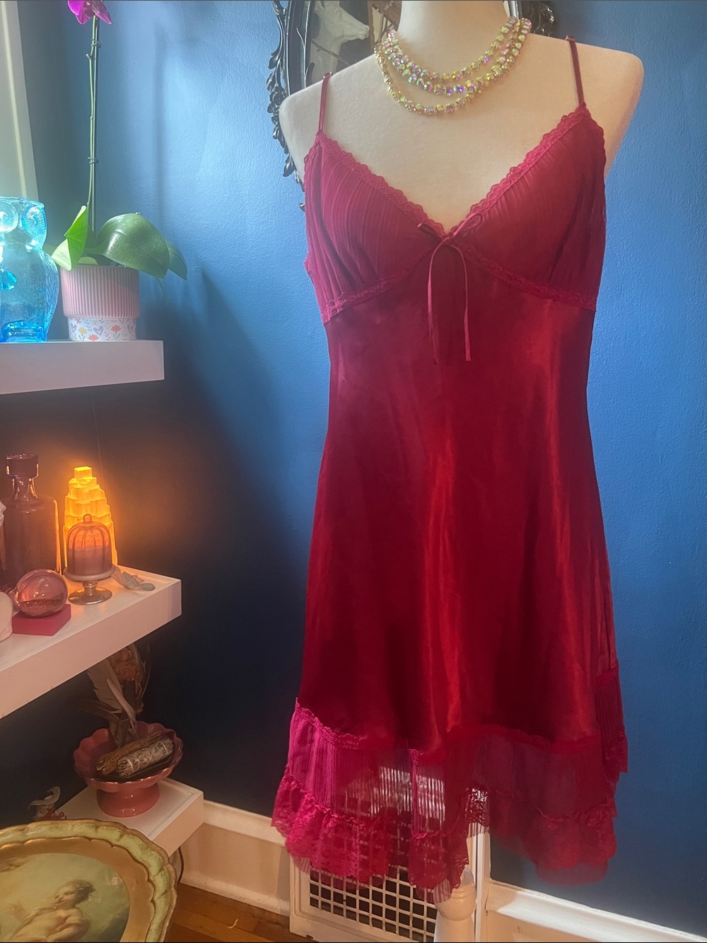 Vintage Morgan Taylor Crimson Magenta Lace-Trim Slip Dress